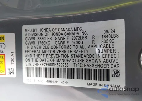 2025 Honda Civic Sport z USA, uszkodzony, nr VIN 2HGFE2F58SH529268